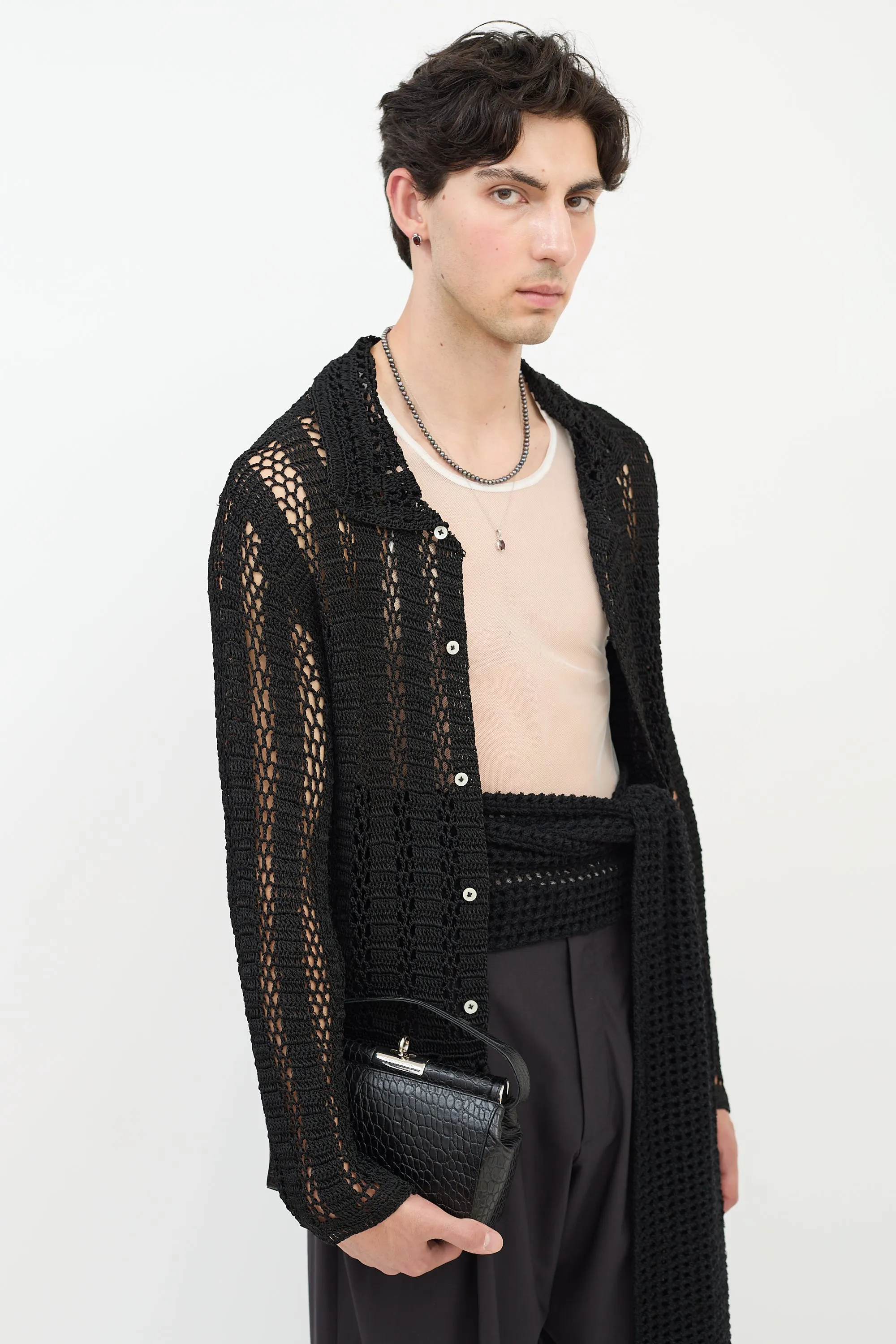Black Embossed Leather Top Handle Bag