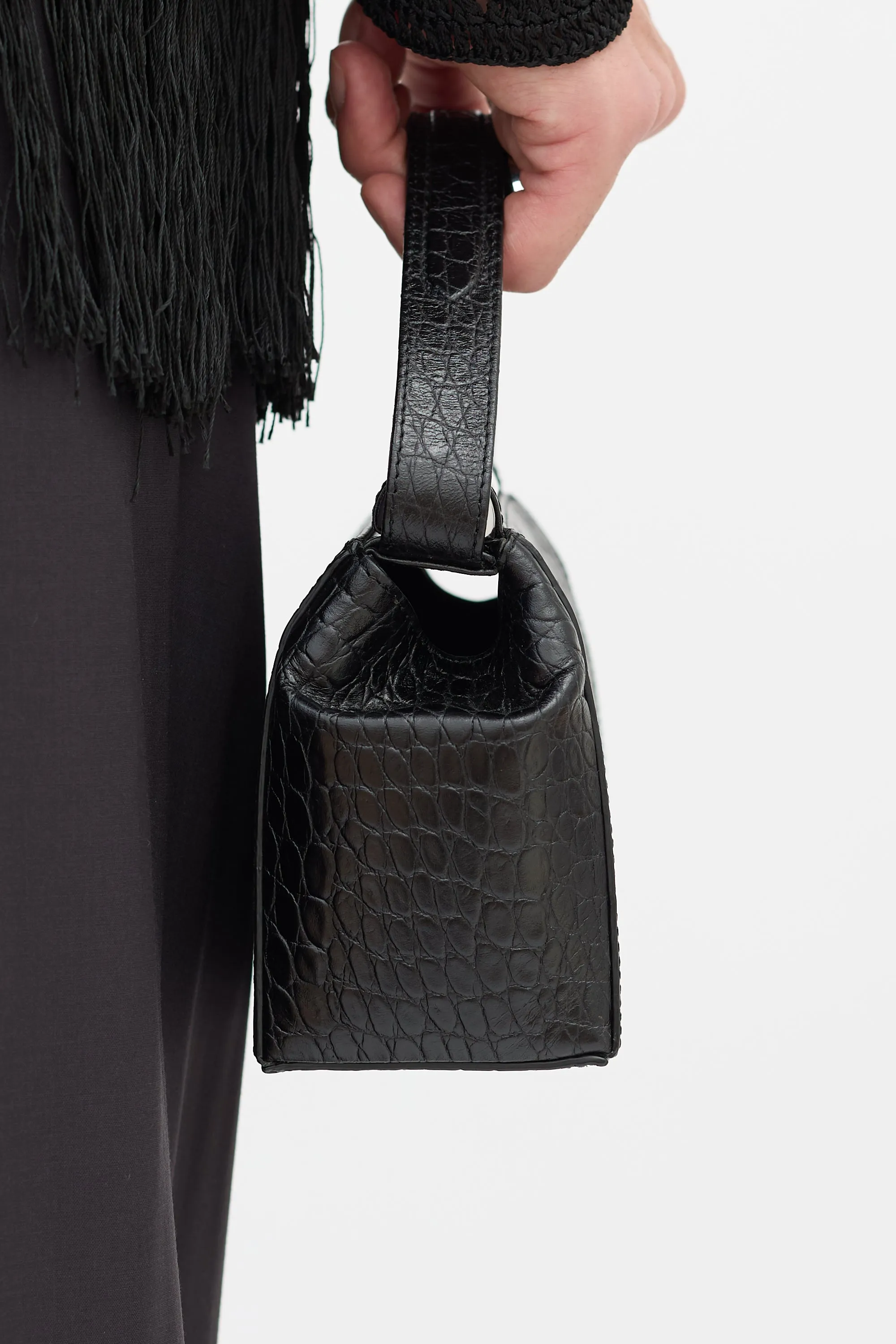 Black Embossed Leather Top Handle Bag