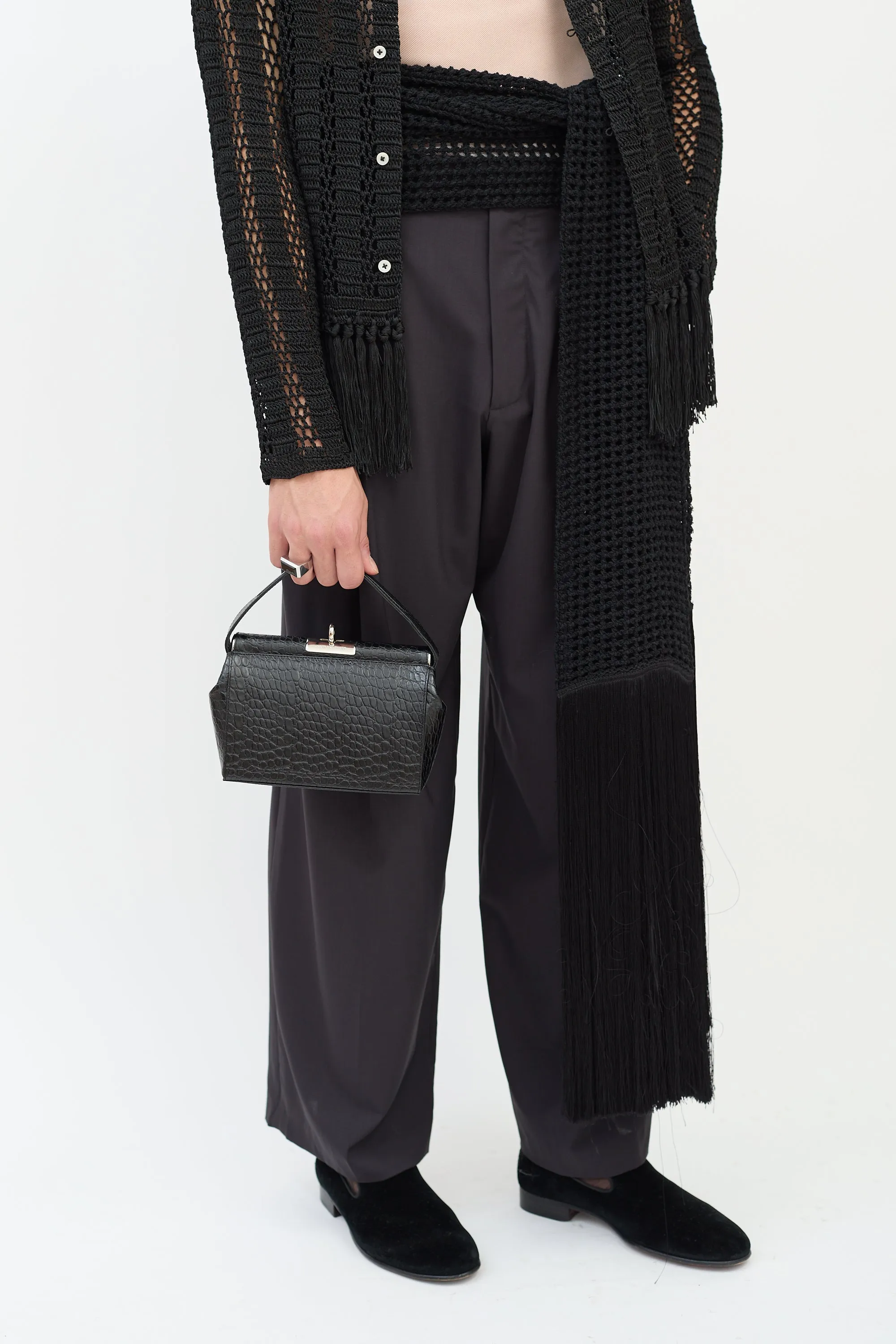 Black Embossed Leather Top Handle Bag