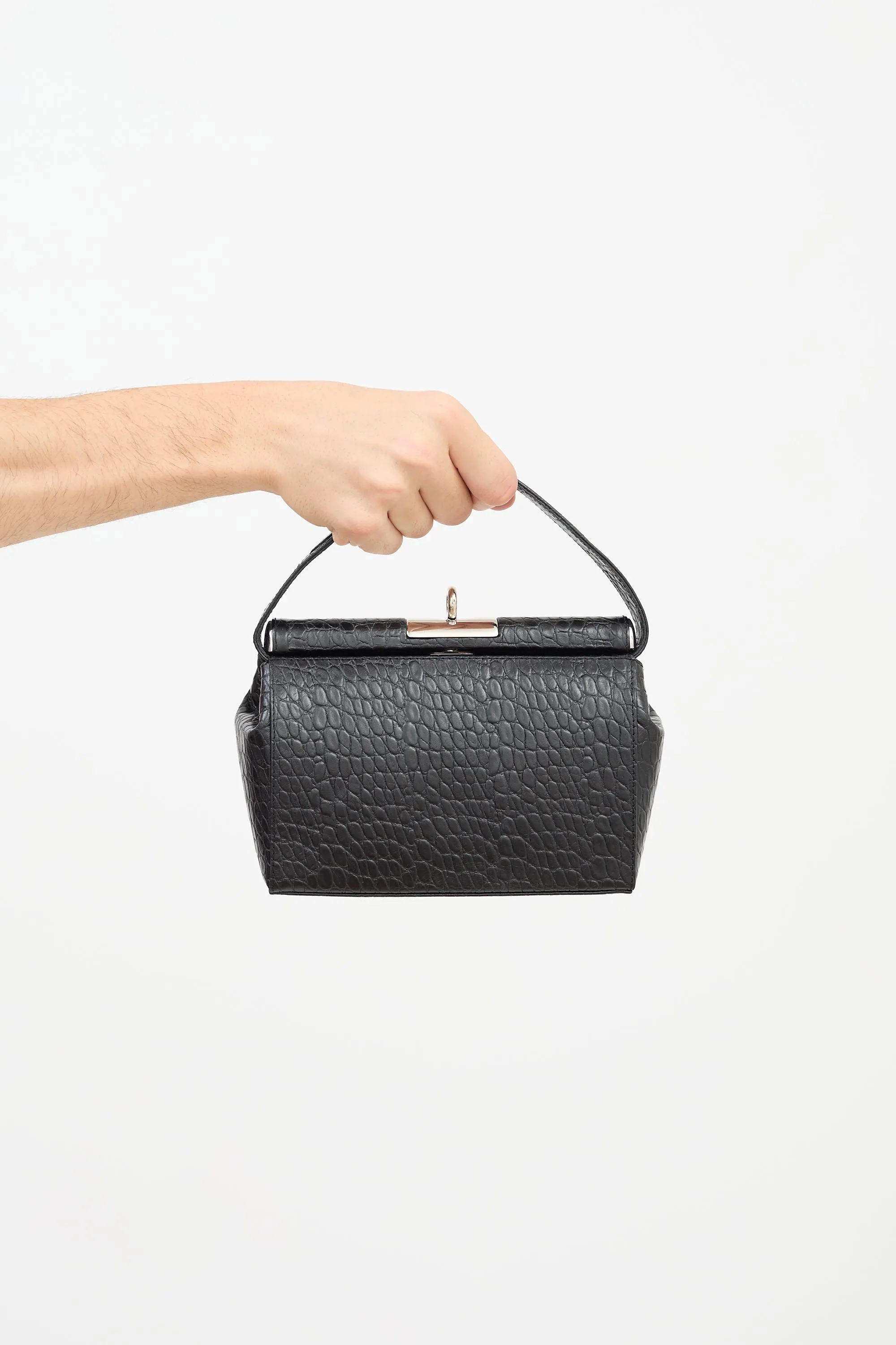 Black Embossed Leather Top Handle Bag