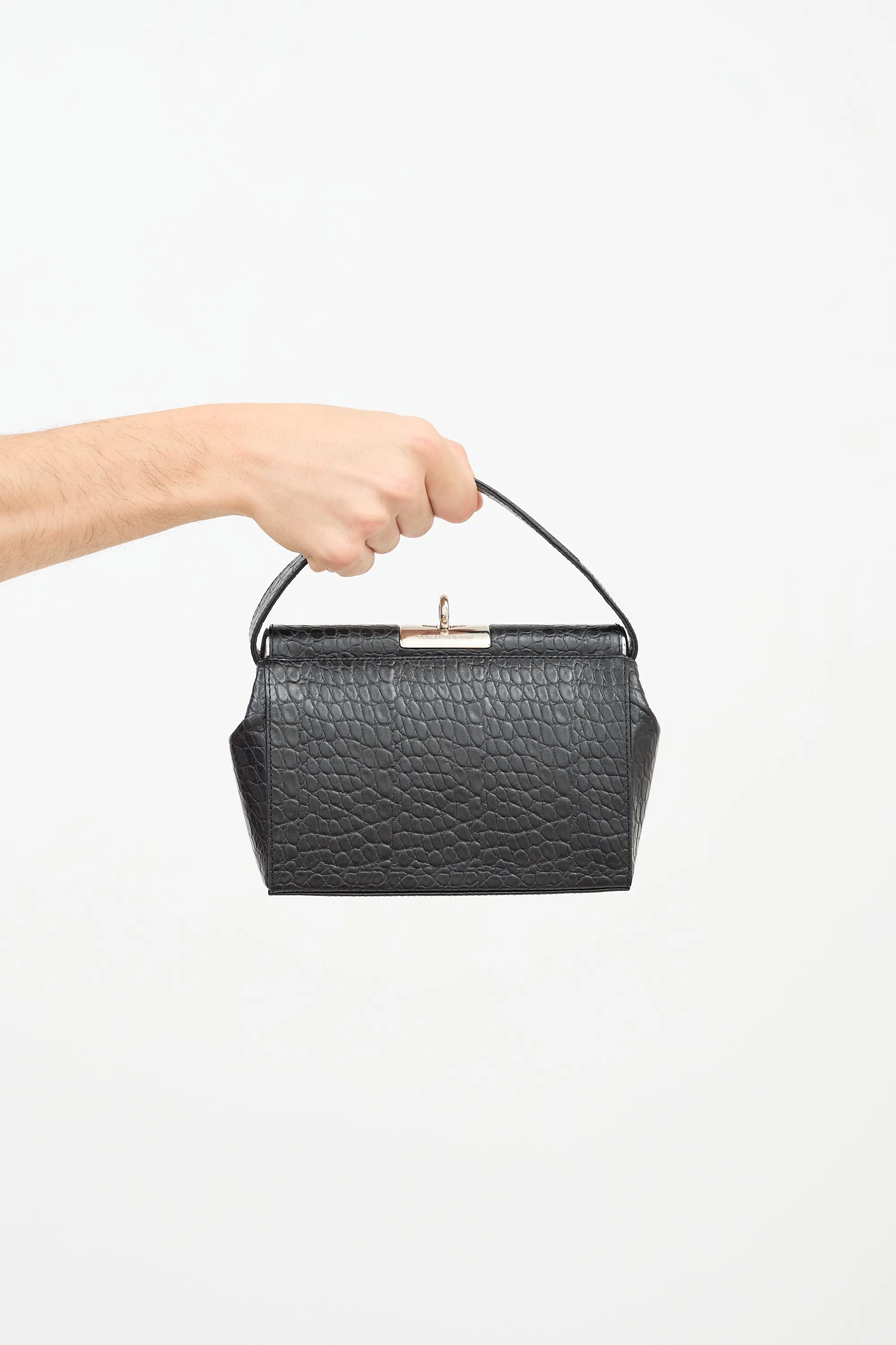 Black Embossed Leather Top Handle Bag