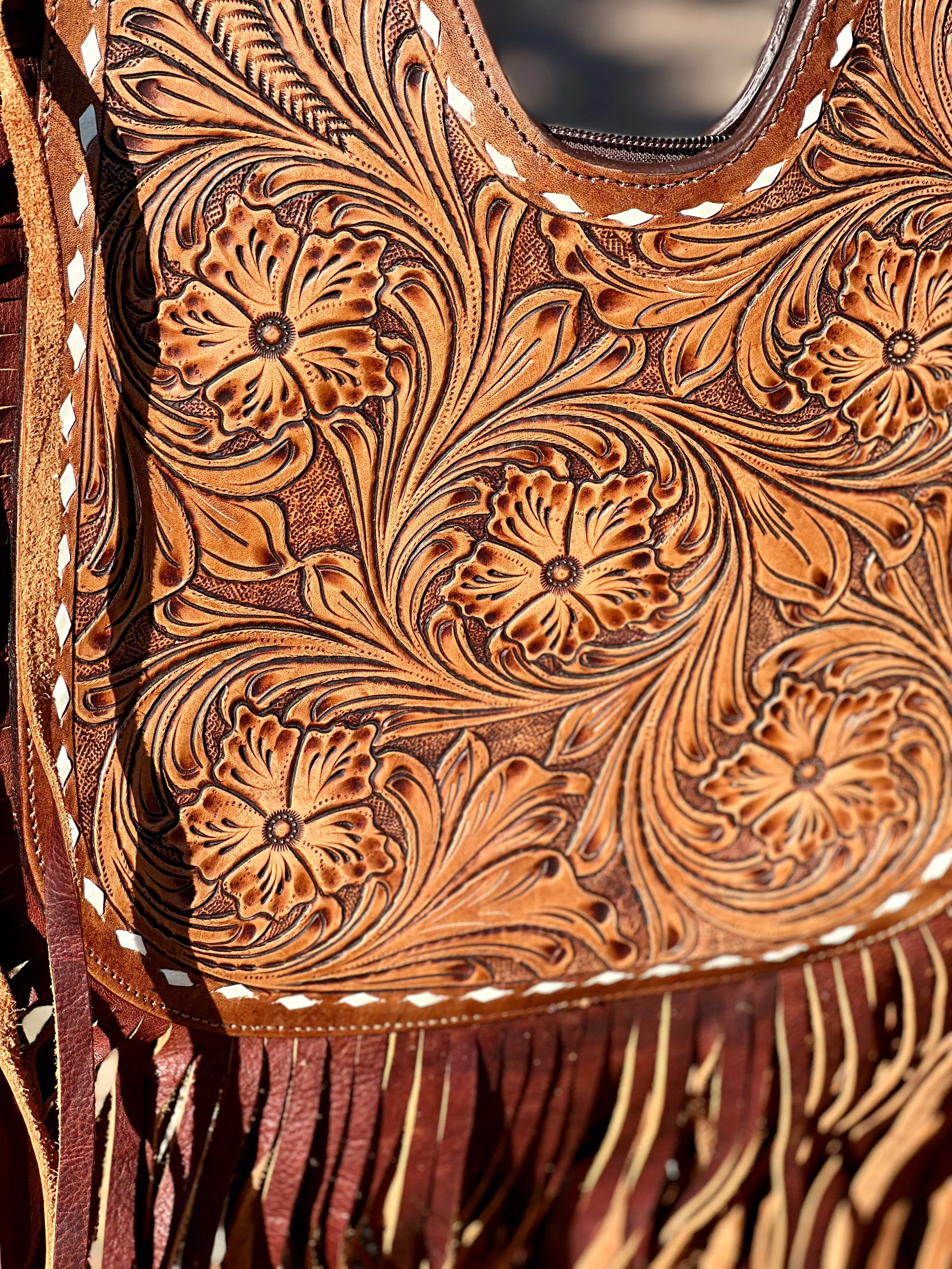 Brown Tooled Fringe Leather Purse