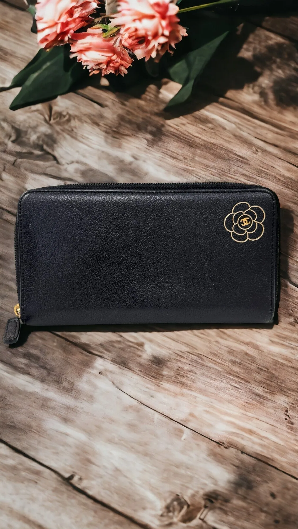Chanel Black Leather Camelia Zippy Wallet