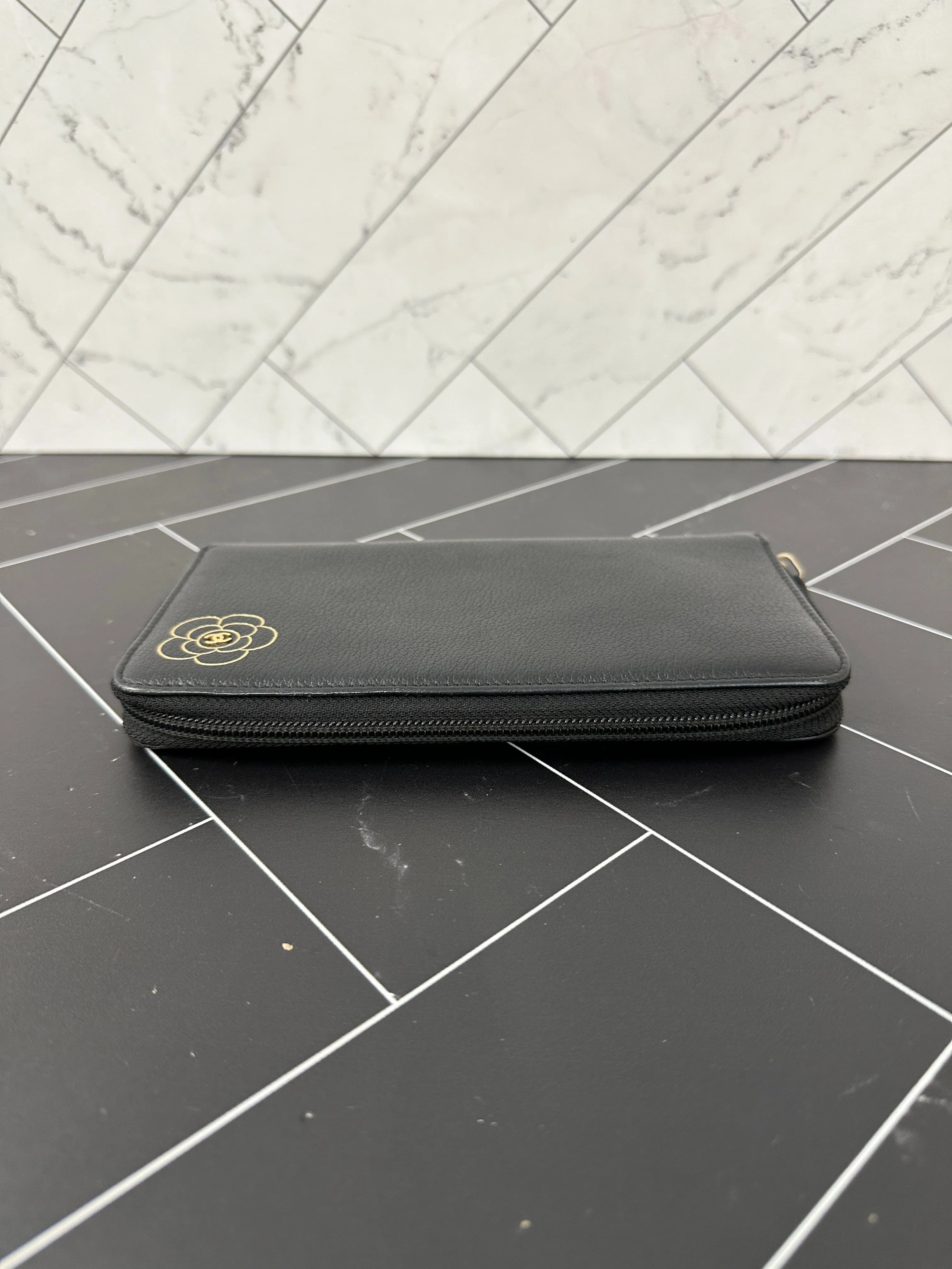 Chanel Black Leather Camelia Zippy Wallet