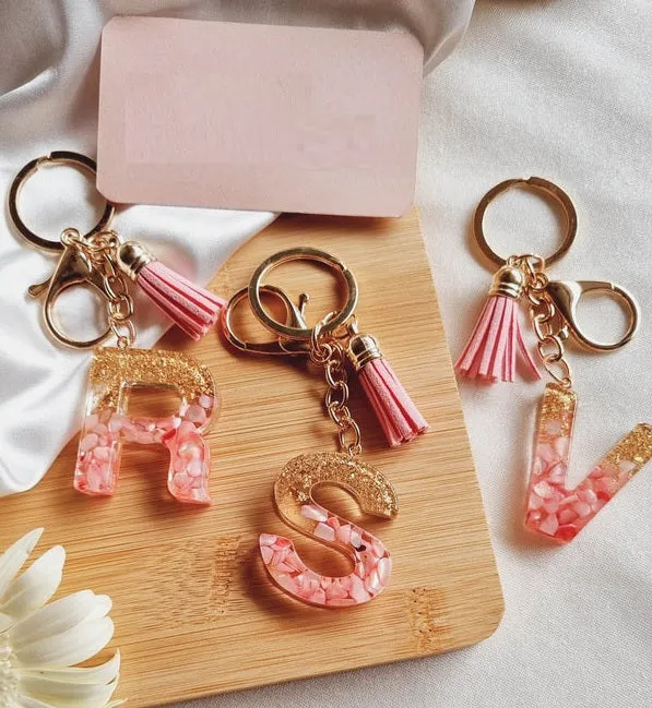 Glitter Initial Resin Keychain with Tassel - Pink