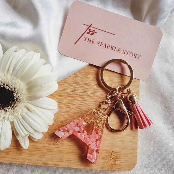 Glitter Initial Resin Keychain with Tassel - Pink