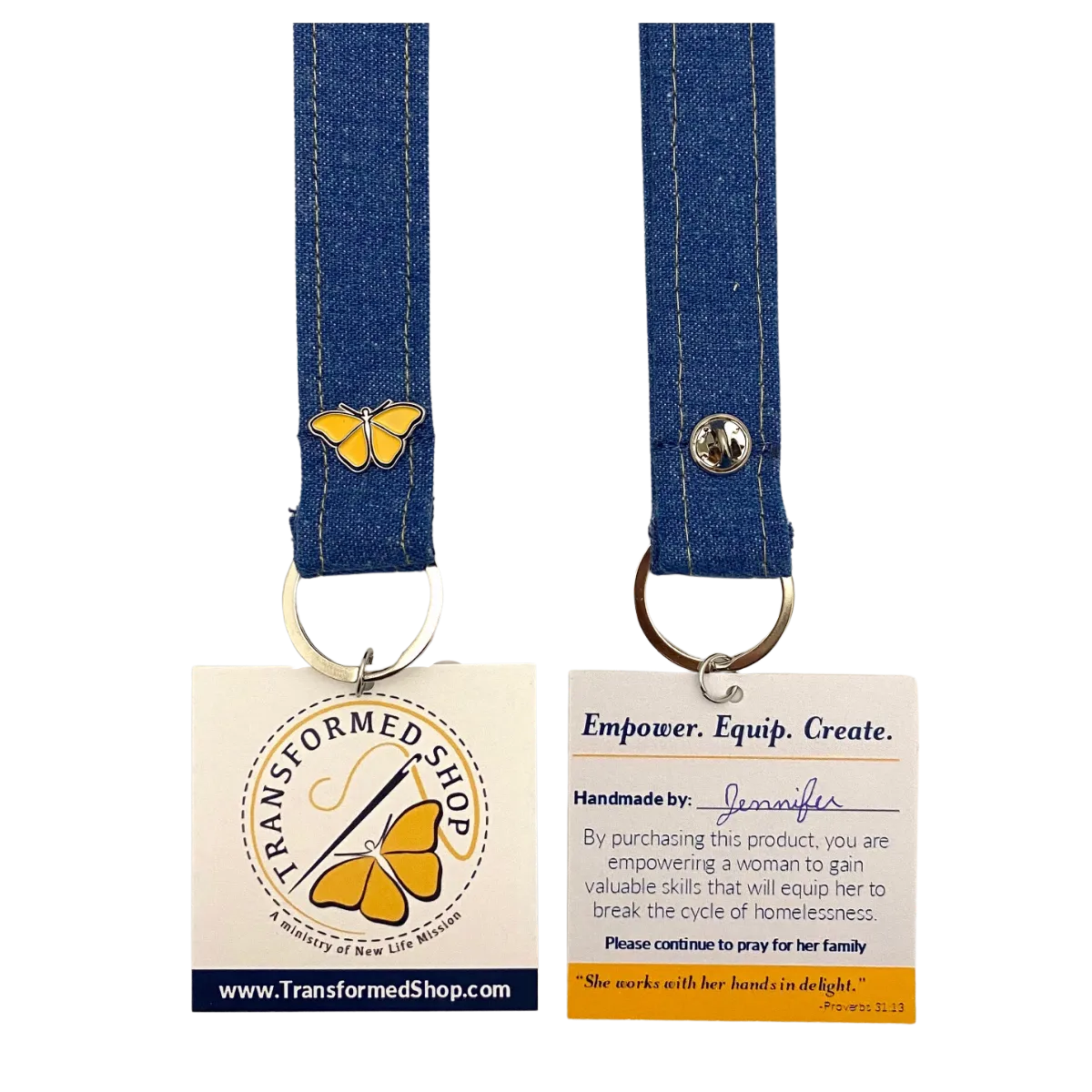 KEYCHAIN Denim w/Butterfly - Wristlet Keychain Made from Upcycled Denim *** Custom Butterfly Pin***