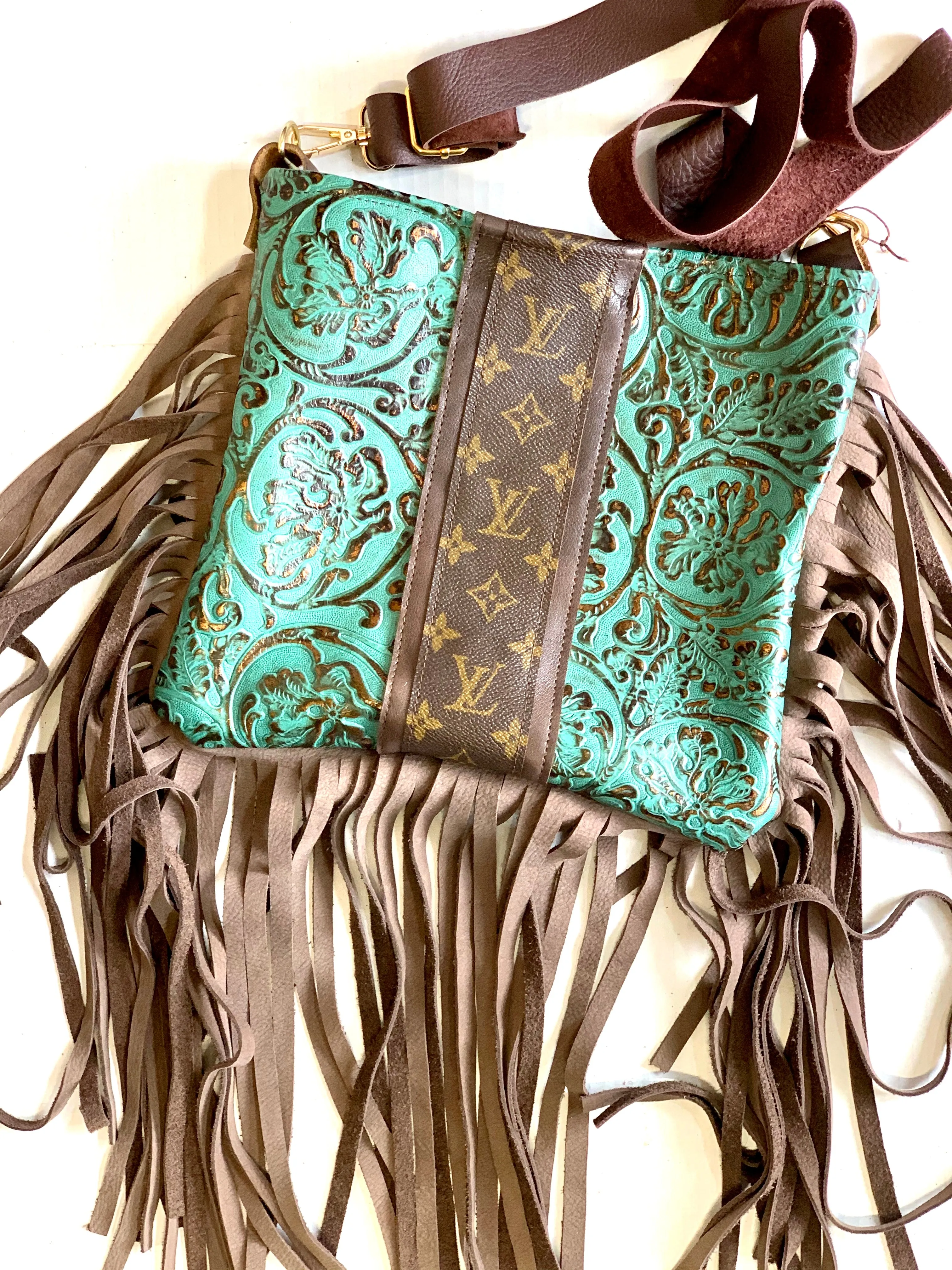 Medium Crossbody - Embossed Turquoise Shimmer, Shimmer Brown Strip