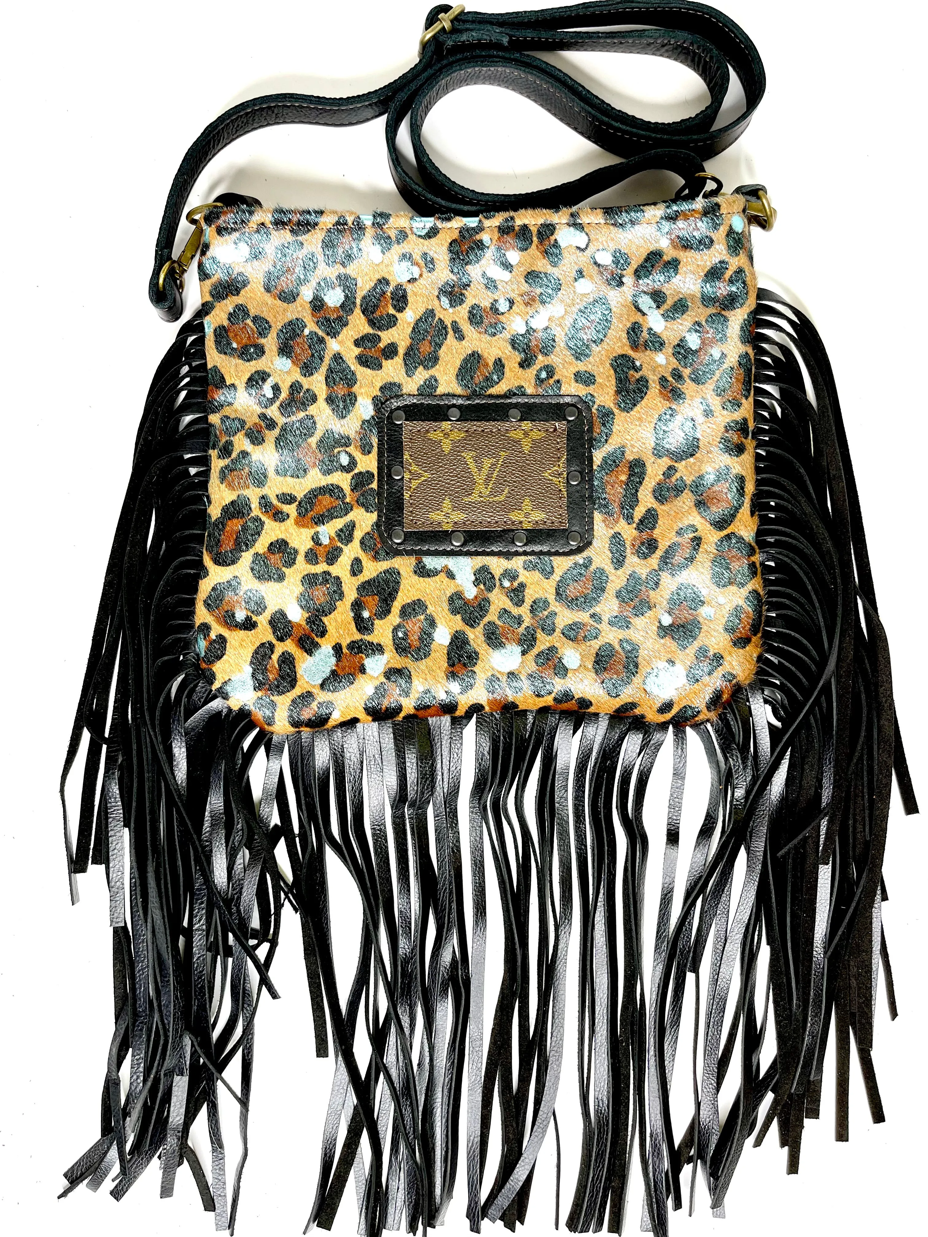Medium Crossbody,  leopard acid silver/blue in black patch hardware- black