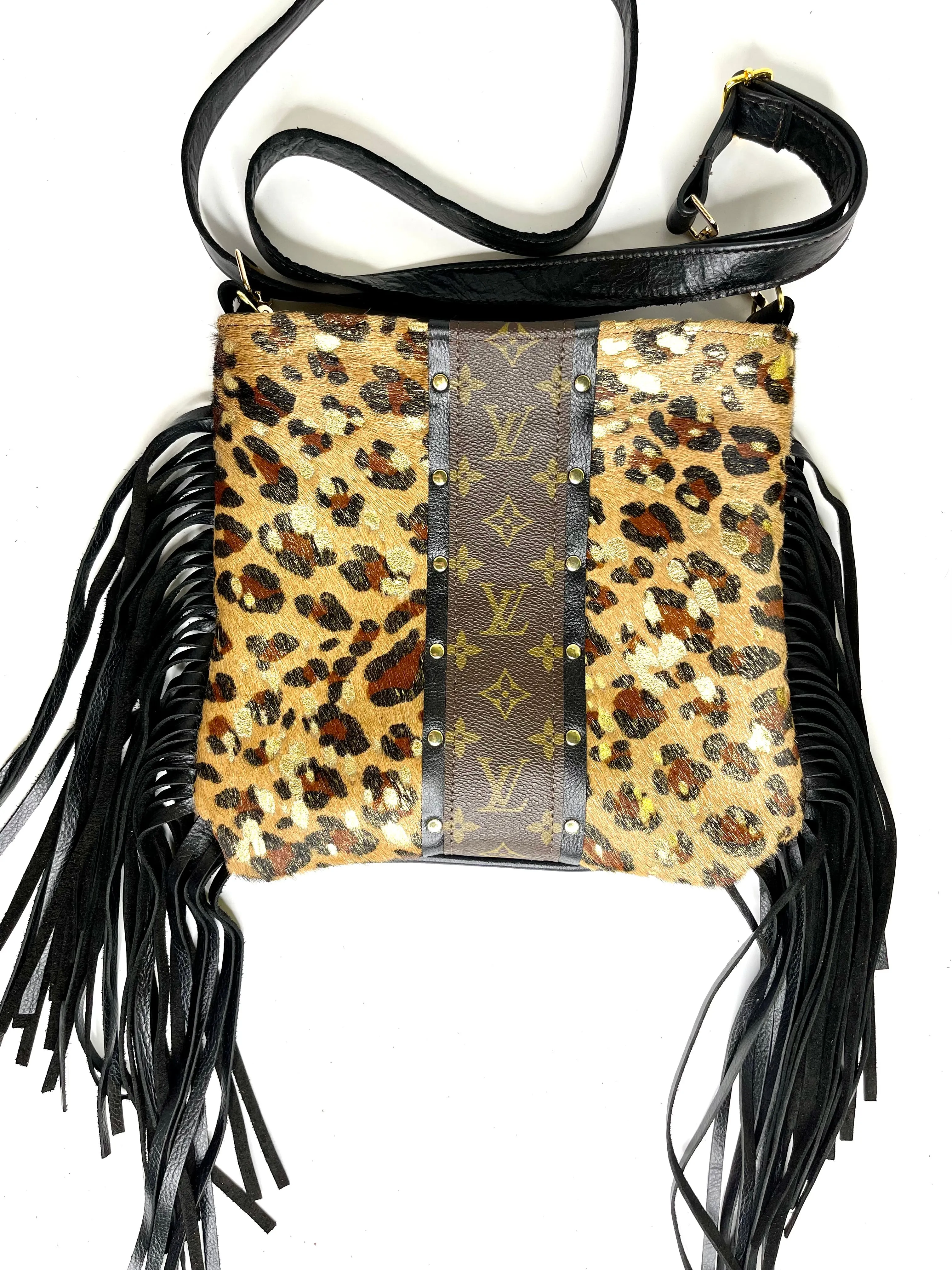 Medium Crossbody - Leopard in Acid Gold-  with Black strip hardware Gold