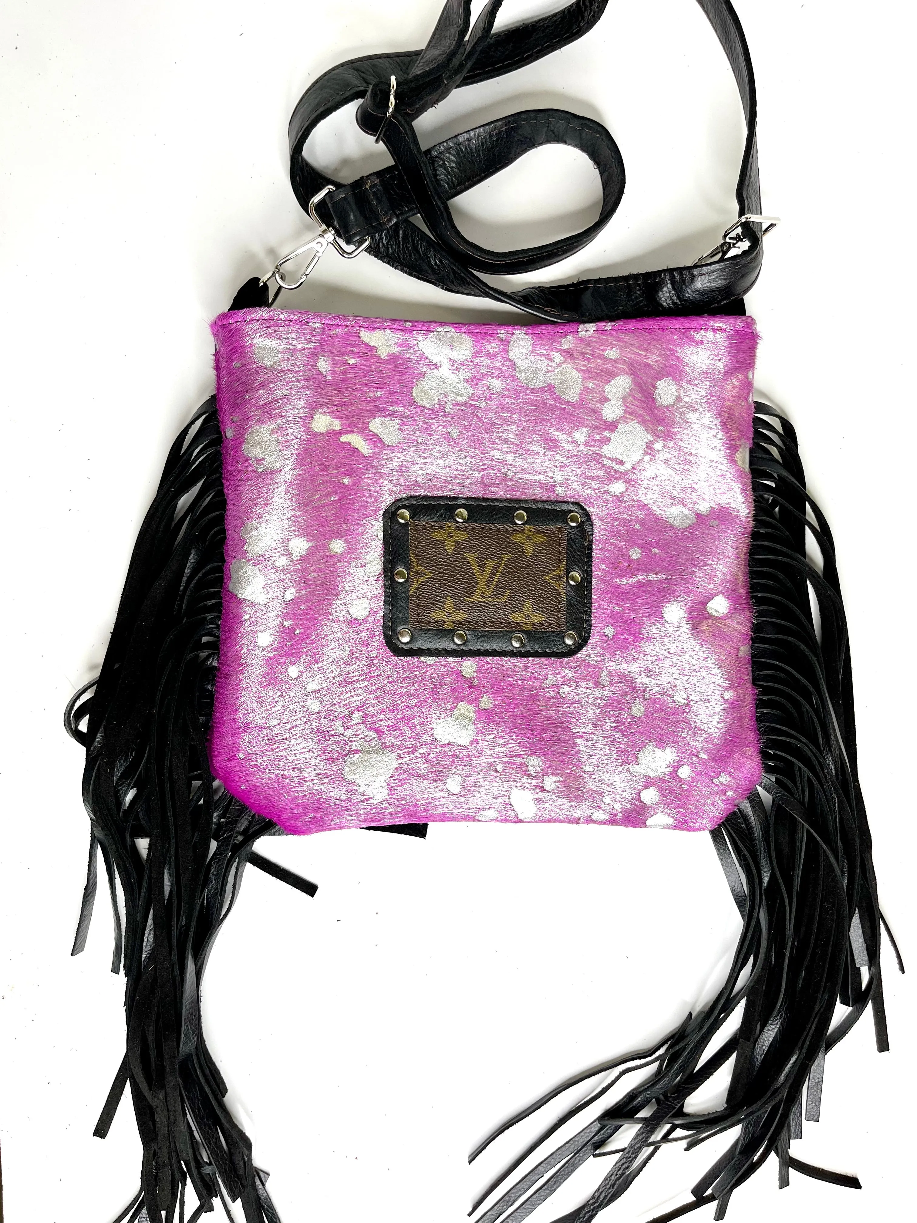 Medium Crossbody, pink acid silver in black patch hardware- rhinestone