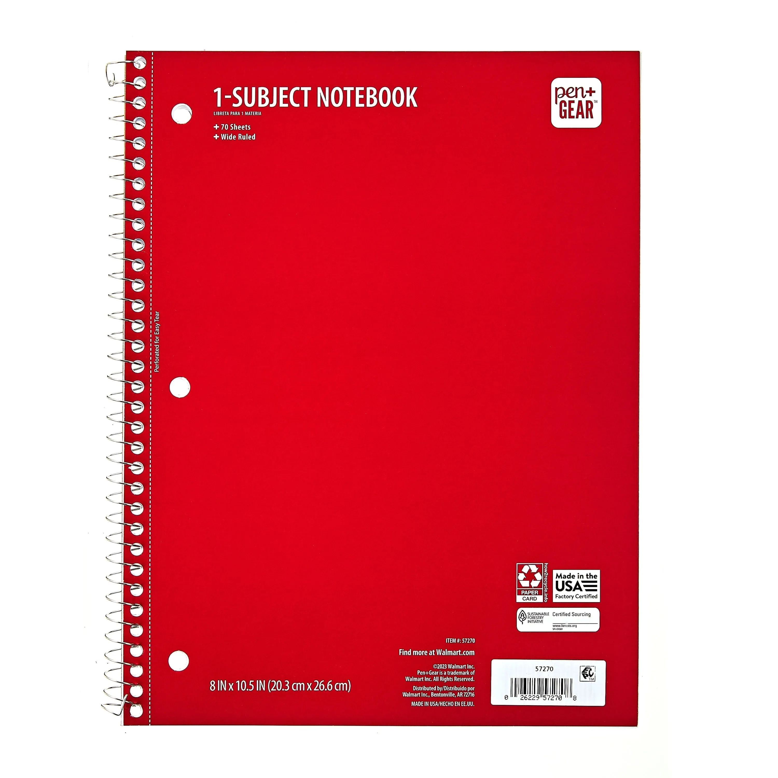 Pen   Gear College Ruled 1-Subject Notebook, 8" x 10.5", Red, 70 Sheets