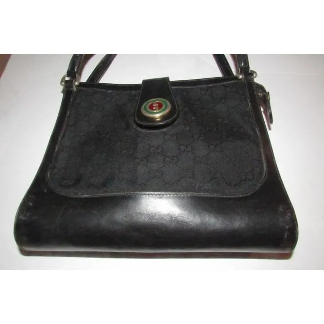 Rare, GUCCI, black Guccissima print satchel/tote bag w/ a 1973 style, round, red and green enamel GG logo snap!